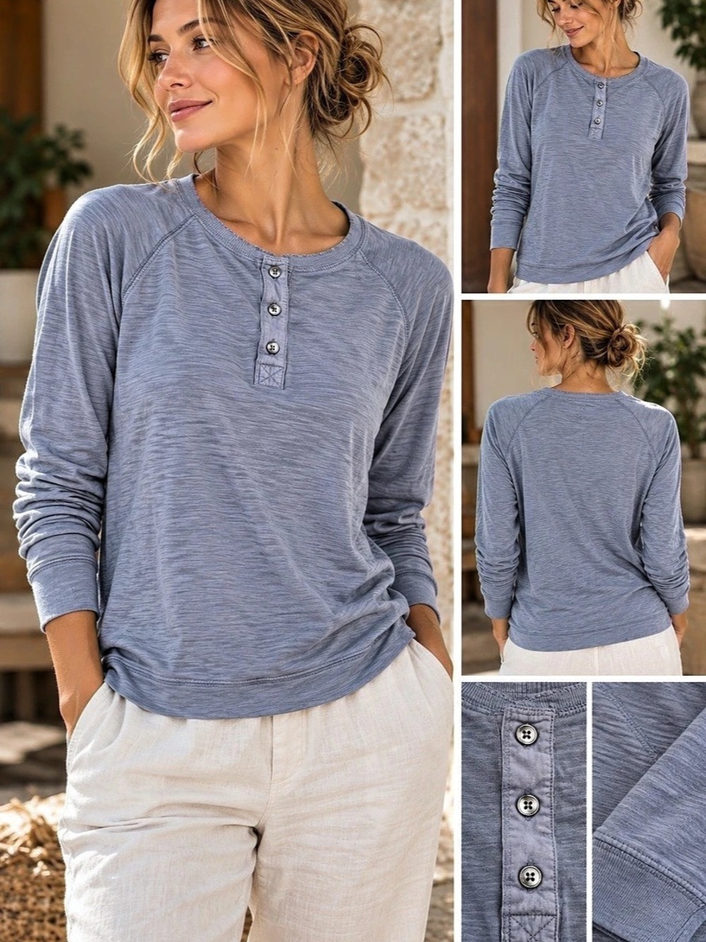 Vince S Blue Slub Henley Long Sleeve Shirt Quiet Luxury Casual Travel Minimalist